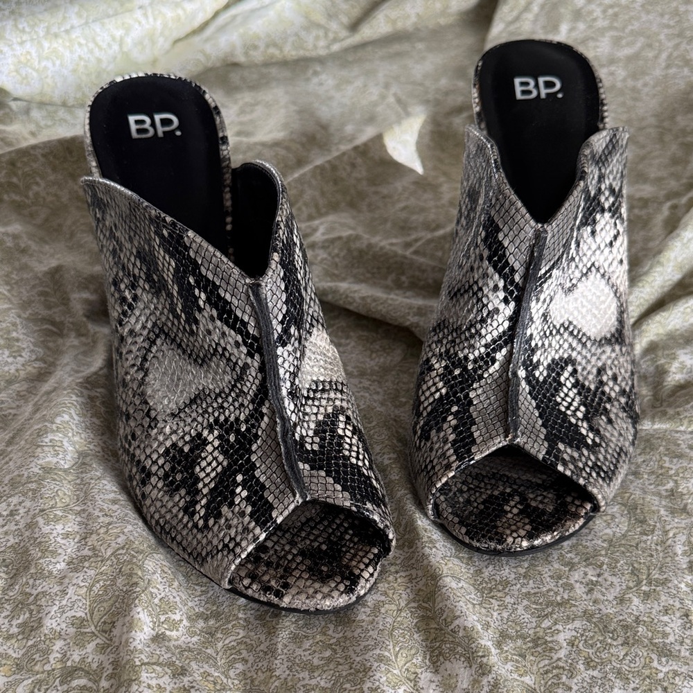 bp Toni Women's Snake Print Peep Toe Mules